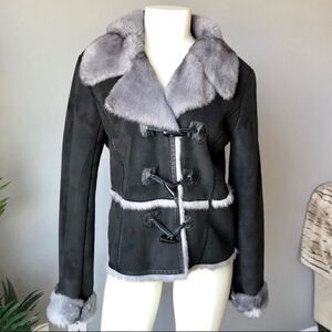 Pasha & Jo Black Suede Jacket with Gray Faux Fur Trim
